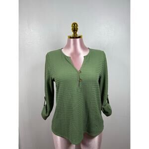 Luna Green Textured Blouse Roll Tab Sleeve Casual Lightweight Top Size M